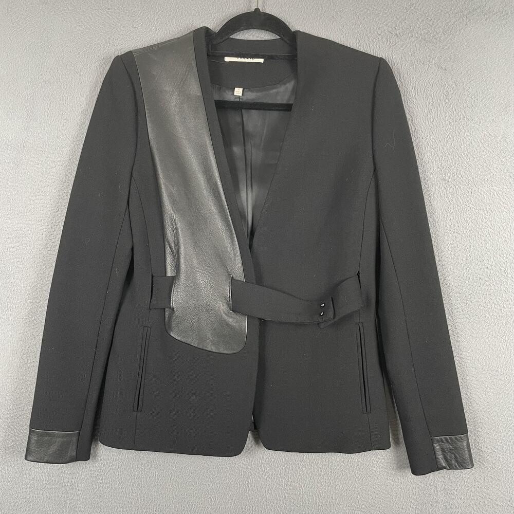 J Brand Blazer Womens 2 Black Collarless Belted Leather Trim Lined Short Pockets